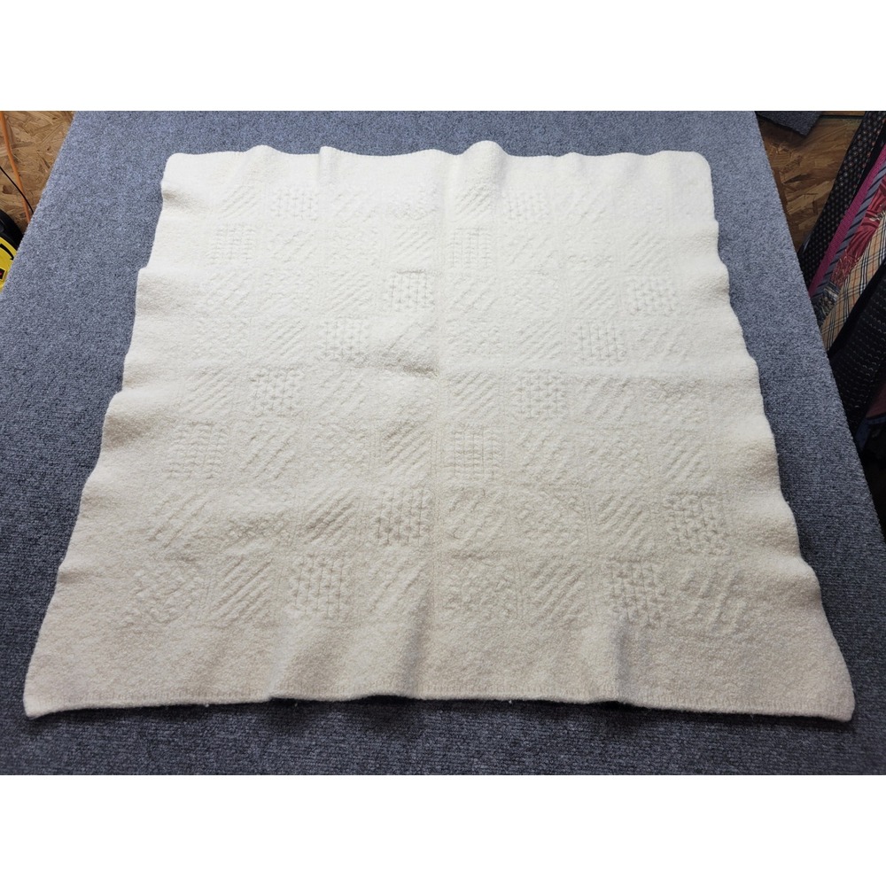 Vintage Aran Mor Ireland Wool Baby Blanket Cream Patchwork 39x35 Ireland Made